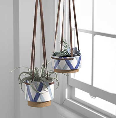 Blue and Ivory Modern Ceramic Planter with Leather Strap